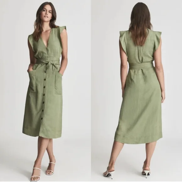 NEW Reiss | Emma Linen Blend Midi Dress in Khaki Size 0 (NWOT)